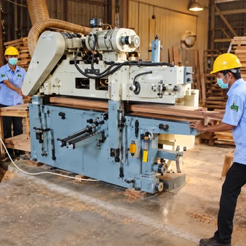 Dua pekerja memakai helm kuning mengoperasikan mesin serut kayu
